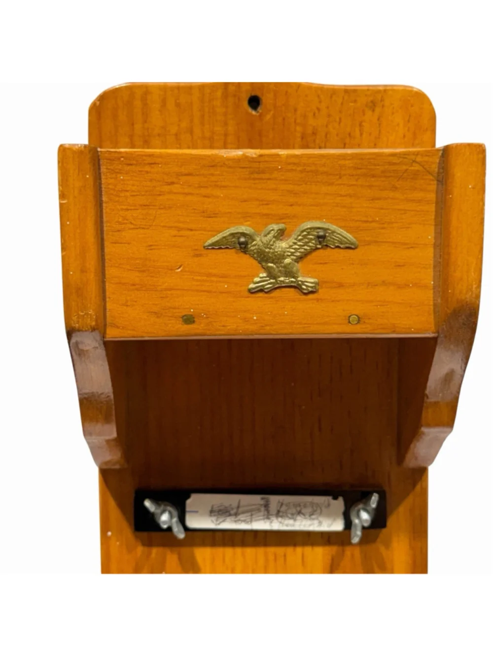 VTG‎ Wooden Wall Mount Mail Holder Key Rack Brass Eagle Early American Colonial